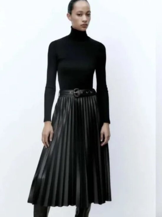Zara Dresses & Skirts - Zara Faux Leather Black Pleated Midi A-Line Skirt Size XL NO BELT